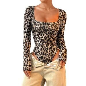 Leopard Print Long Sleeve Bodysuit Beige Brown | Sexy Animal Print Top Size S